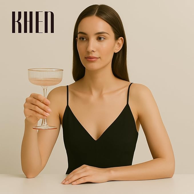 Khen Ribbed Vintage Art Deco Coupe Glasses - Martini, Champagne & Cocktail Ribbed Glasses 8oz | Crystal Ripple Goblet Glassware Set, Pink Gilded, 4 Pieces, Housewarming Gift