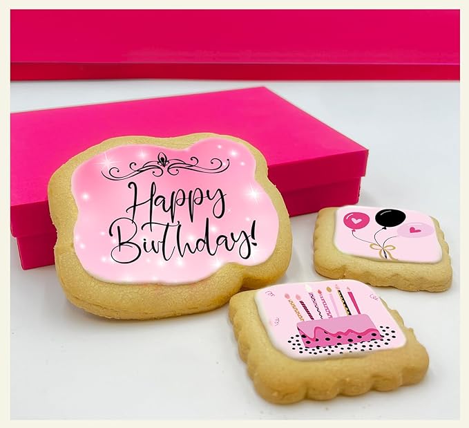 Happy Birthday Cookies 3 pack for Women Girls Teens Gift Basket For Her Mom | Pink Cookie Treats Cake Balloons | Individually Wrapped