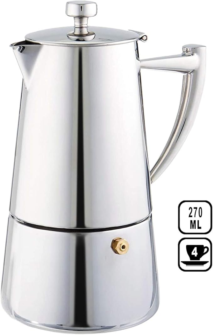 Cuisinox Moka Pot Coffee Espresso Maker – Stainless Steel Roma Stovetop Espresso Coffee Maker, Induction Compatible, Durable Long-Lasting, Dishwasher Safe, Heat-Resistant Handle, 4-Cup, 200ml, 7oz