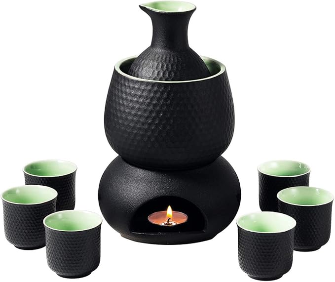 Ceramic Sake Set Cups with Warmer Keep Sake Storage Box, Traditional Porcelain Pottery Hot Saki Drink, 9pcs include 1 Stove 1 Warming Bowl 1 200ml Sake Bottle 6 Cup
