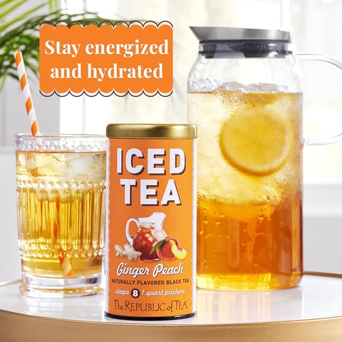 The Republic of Tea – Ginger Peach Black Iced Tea Bags, 40 Large Quart-Sized Iced Tea Pouches, Naturally Caffeinated