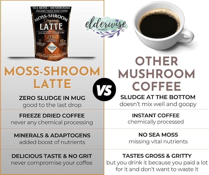 Elderwise Organics Coffee - Latte - Lion's Mane, Chaga, Reishi, Cordyceps, MCT Oil, Coconut Cream & Sea Moss - 12 Servings - Freeze Dried Instant Coffee - Chemical free - Fair Trade