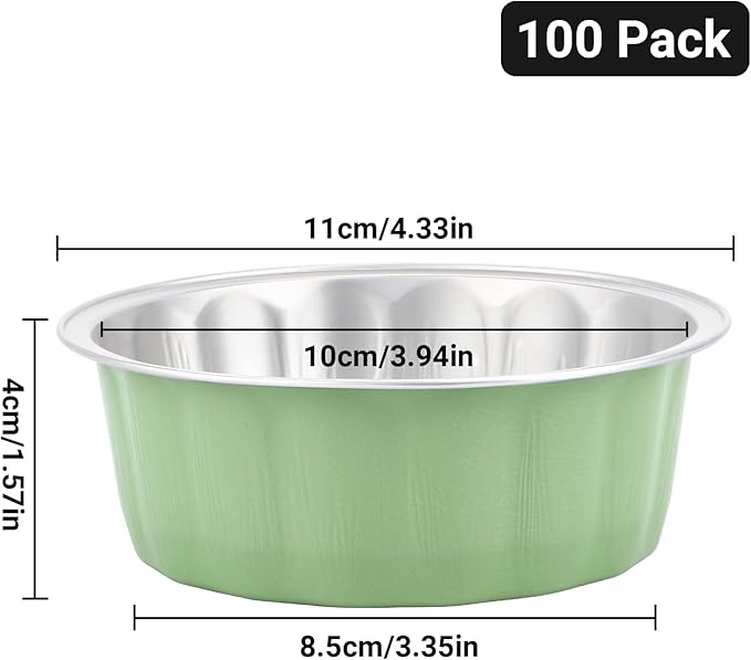 Beasea 8oz Aluminum Ramekins, 100 Pack 3.9" Disposable Baking Foil Cups Mini Ramekin Cup Cupcake Aluminum Baking Cups for Party - Pea Green