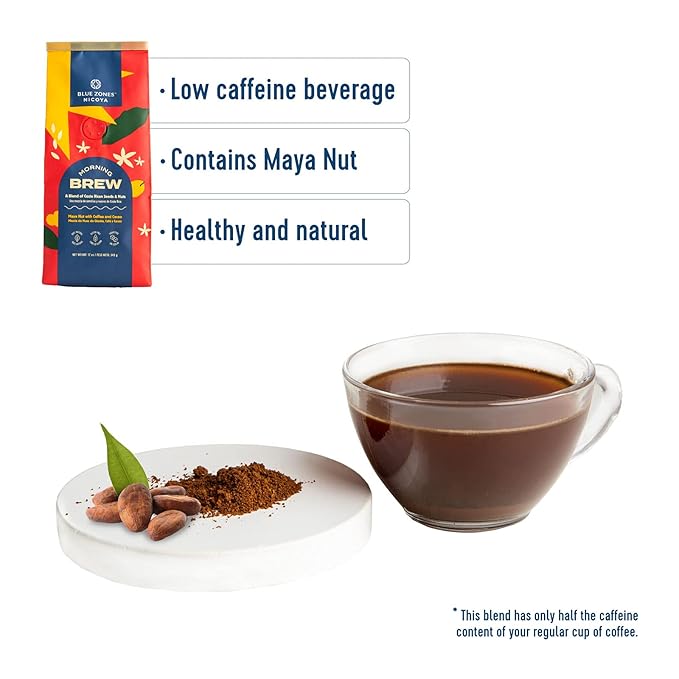 Blue Zones Nicoya - Morning Brew, Maya Nut with Coffee and Cacao - 100% Natural Ground Coffee Alternative - High Micronutrients - Low Caffeine, Gluten & Sugar-Free (12 oz/ 340g)