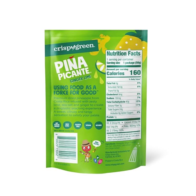 Crispy Green Pi챰a Picante, Ginger Lime Dried Pineapple, Healthy Real Fruit Snacks, 1.76 Ounce, 12 Single Serve Bags