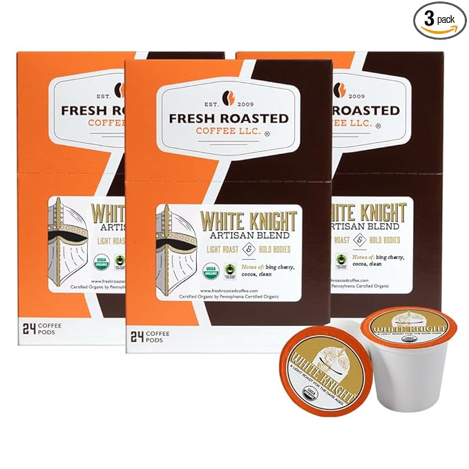 Fresh Roasted Coffee, Organic White Knight | USDA Organic, Kosher | Light Roast 72 Pods for K Cup Brewers