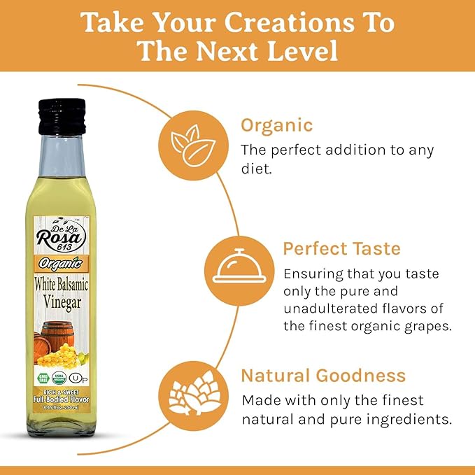 De La Rosa Organic White Balsamic Vinegar, Aged in Spanish Wood Barrels, Kosher for Passover, Vegan & Gluten-Free, Great for Salad Dressing, Marinades, Organic Balsamic Vinegar 8.45 Oz (Pack of 2)