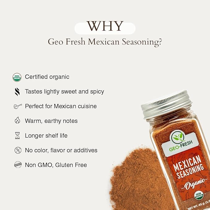 Geo-Fresh Organic Mexican Seasoning, 1.59 oz (45g), Taco Seasoning, Non-GMO, Kosher, 100% Organic Herbs, Chilli Powder, Onion Powder, Black Pepper, Cumin, Oregano, Garlic, Sugar, and Salt, USDA Certified