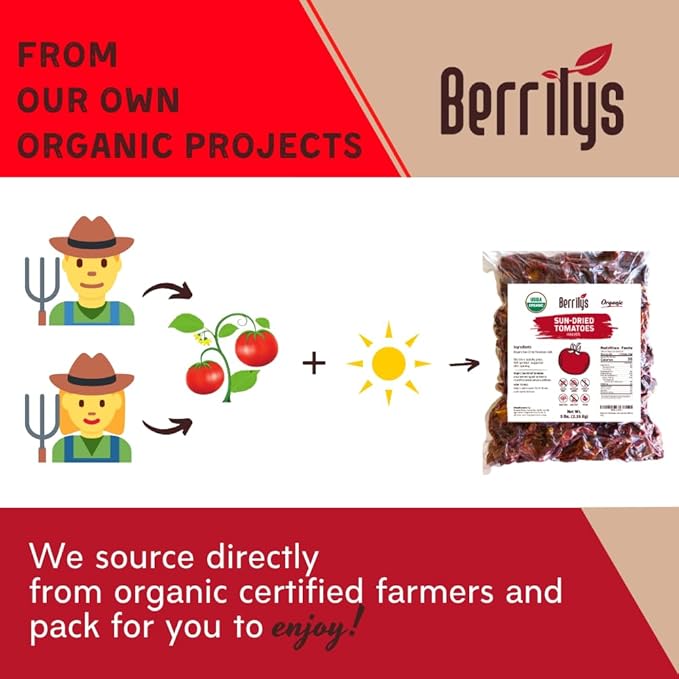 Berrilys Organic Sun-Dried Tomatoes, Salted, No Sulfur, No Preservatives, Kosher, Raw, Non-GMO, Great Ingredient for Baking and Cooking, Requires Pre-treatment or Cooking Before Consumption, 5 LB