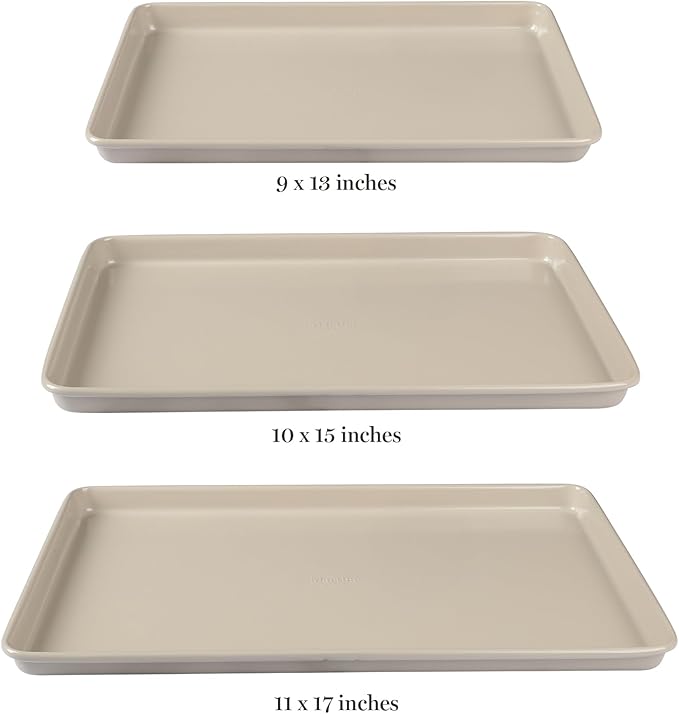 Martha Stewart Gallen 3-Piece Cookie Sheet Set ??13", 15", 17" Baking Pans, Ceramic Nonstick, PFA-Free, Carbon Steel ??Oven Safe to 450°F, Warp-Resistant, Easy to Clean - Taupe