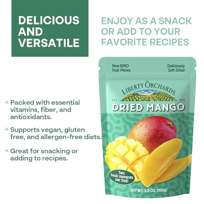 Liberty Orchard Organic Dried Mango - Naturally Sweet Fruit Snacks for Healthy Digestion & Busy Lifestyles - Sof Dried Two Fresh Mangos - Healthy Snack Ideal for Recipes & On-the-Go Energy - 5 Pack