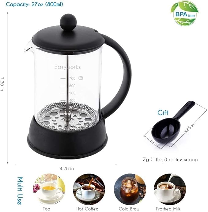 Easyworkz Eclipse French Press 27 oz Coffee Tea Maker with Borosilicate Glass