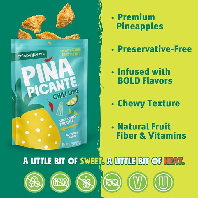 Crispy Green Pi챰a Picante, Chili Lime Dried Pineapple, Healthy Real Fruit Snacks, 1.76 Ounce, 12 Single Serve Bags