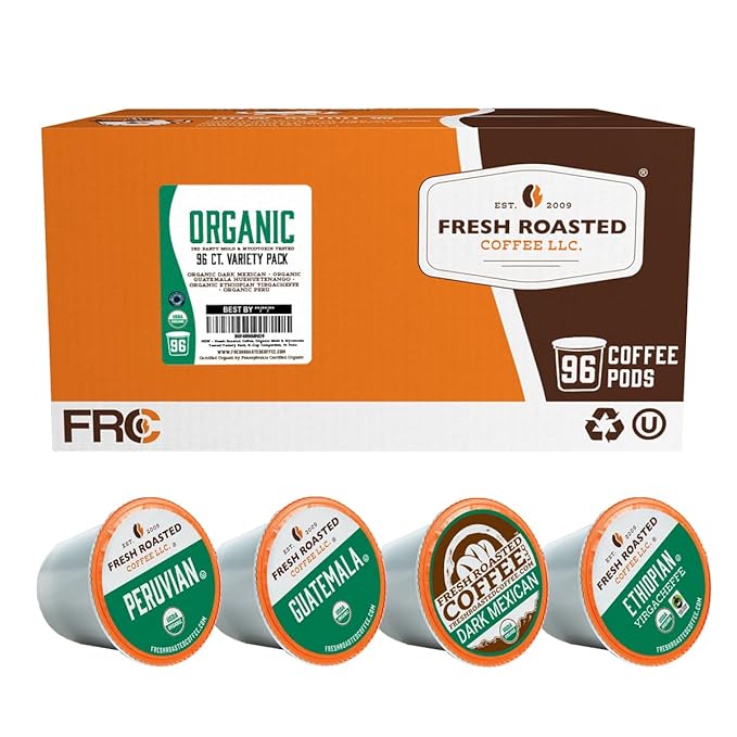 Fresh Roasted Coffee, Organic Mold & Mycotoxin 3rd Party Tested Variety Pack | USDA Organic, Kosher | K-Cup Compatible, 96 Pods