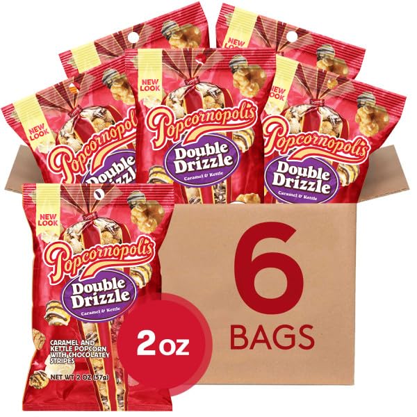 Popcornopolis Double Drizzle 6 ct, 2 oz Case, Caramel and Kettle with Chocolatey Stripes Flavored Indulgent Popcorn