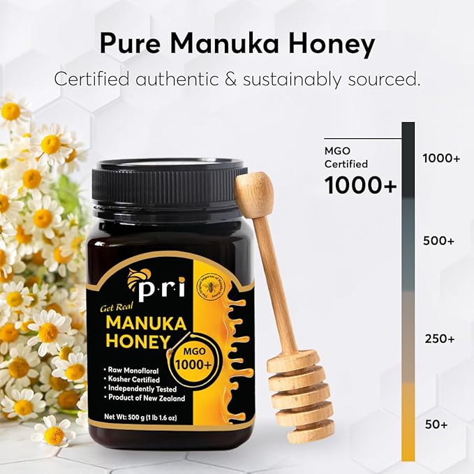 P.R.I Manuka Honey MGO 1000+, 1.1LB High Strength - Raw Manuka Honey (500g Jar)