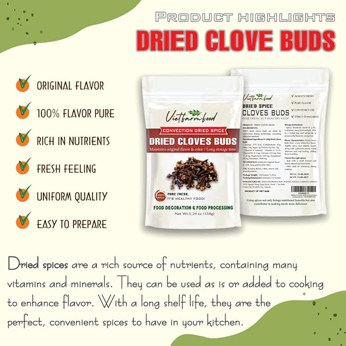 DRIED CLOVE BUDS 5.29 Oz (150g) VIETFARMFOOD: Natural pure, convection dried seasoning made from real vegetables - perfect for adding flavor to any meal, from cooking, baking, salads, soups, sauces