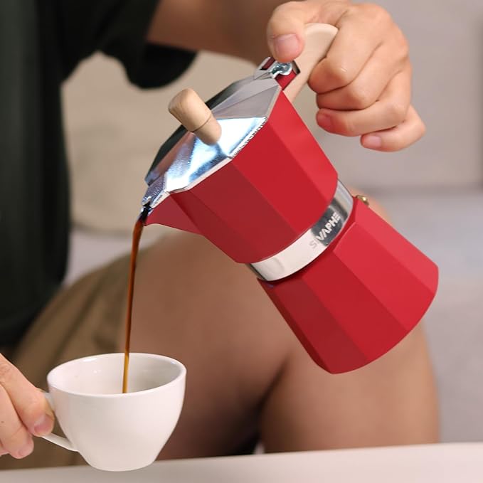 Sivaphe Aluminum Moka Pot 3 Espresso Cups, Percolator Espresso and Coffee Maker, Portable Stovetop Italian and Cuban Cafì±?Brewer for Home and Camping Red