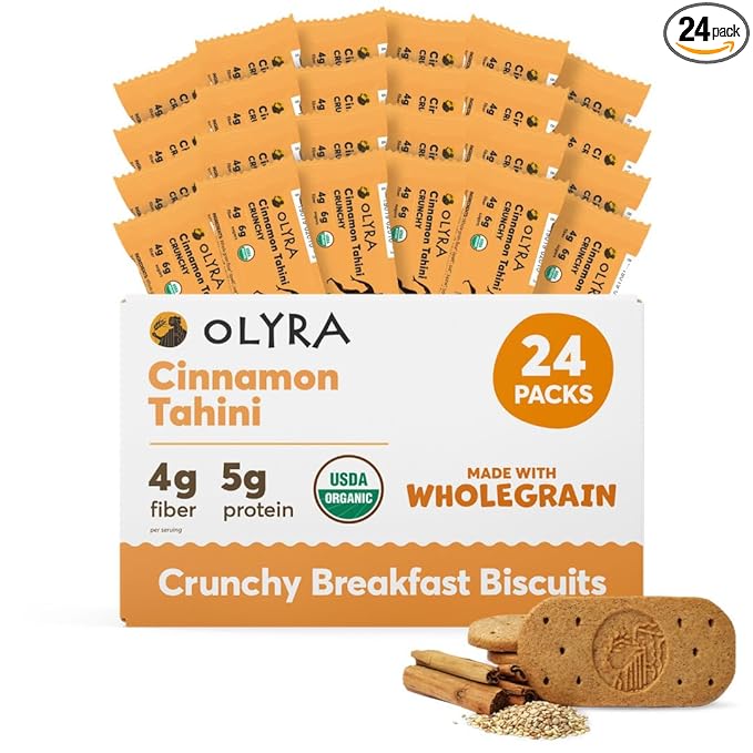 Olyra Breakfast Biscuits Cinnamon Tahini, Kids Healthy Snacks, Low Sugar, High Fiber, Plant-Based Protein Cookies, Organic Breakfast Cookies with Ancient Greek Grains, 24 Packs
