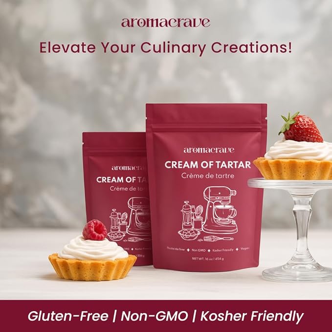 AROMACRAVE Cream of Tartar Powder, High-Purity Potassium Bitartrate for Baking & Cooking, Stabilizes Egg Whites, Prevents Sugar Crystallization, Leavening Agent for Fluffy Baked Goods (8 Ounce)