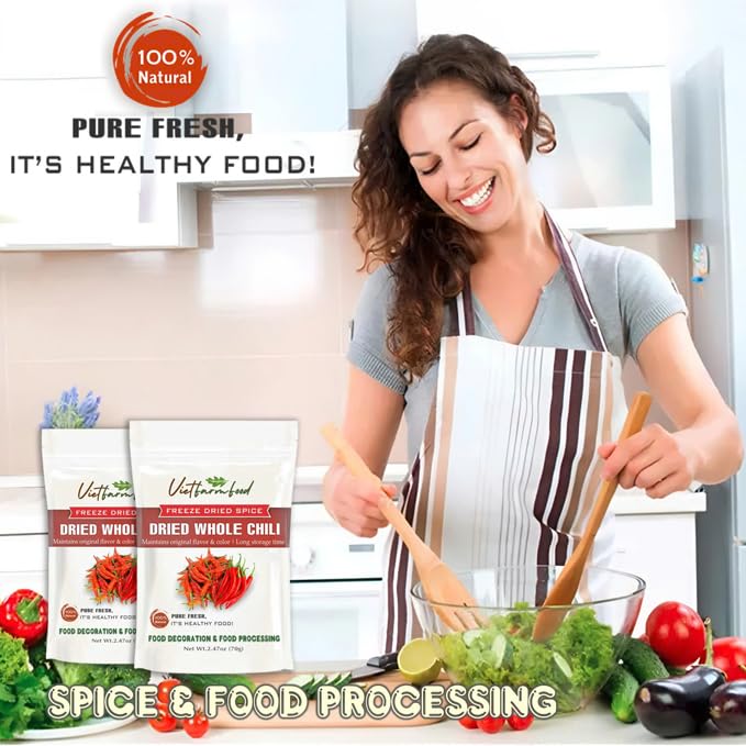 DRIED WHOLE CHILI 2.47 Oz (70g) VIETFARMFOOD: Pure, natural freeze-dried spice made from real vegetables and fruits - perfect for enhancing every meal, from cooking, baking, salads, soups, sauces