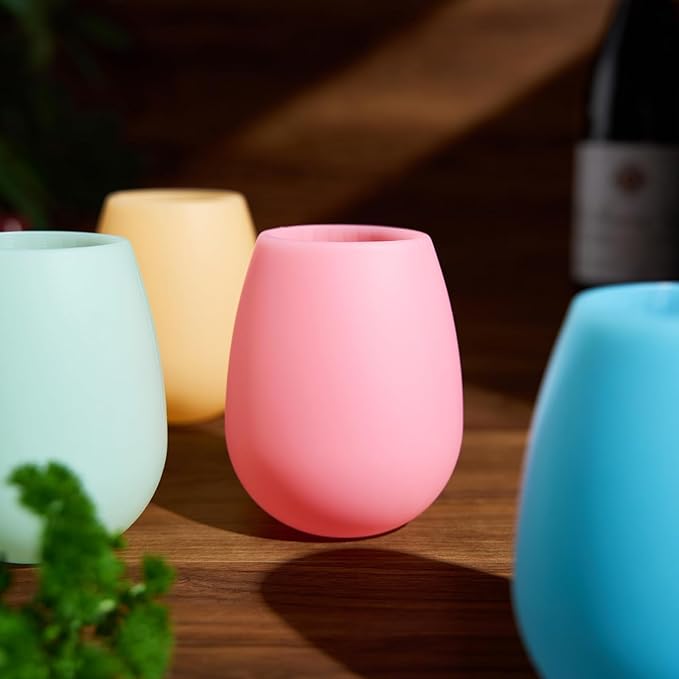 Silicone Wine Glasses – Set of 4 Pastel Colors, 12 oz – Break-Resistant, Flexible & Shatterproof Cups for Wine, Cocktails, or Outdoor Use – Reusable Stemless Glassware