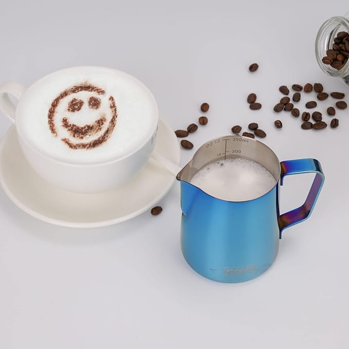 Milk Frothing Pitcher, 12oz Espresso Steaming Pitchers Stainless Steel Cappuccino Coffee Machine Accessories Barista Tools Steam Froth Pitchers Milk Jug Cup with Decorating Pen Latte Art, Blue