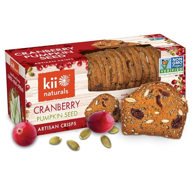 Kii Naturals Artisan Crisps, Healthy Snack Crackers for Cheese, Meats, Spreads, Charcuterie Board - Non-GMO, Kosher, No Preservatives, Hand-Crafted - Cranberry Pumpkin Seed, 5.3 Ounce (Pack of 12)