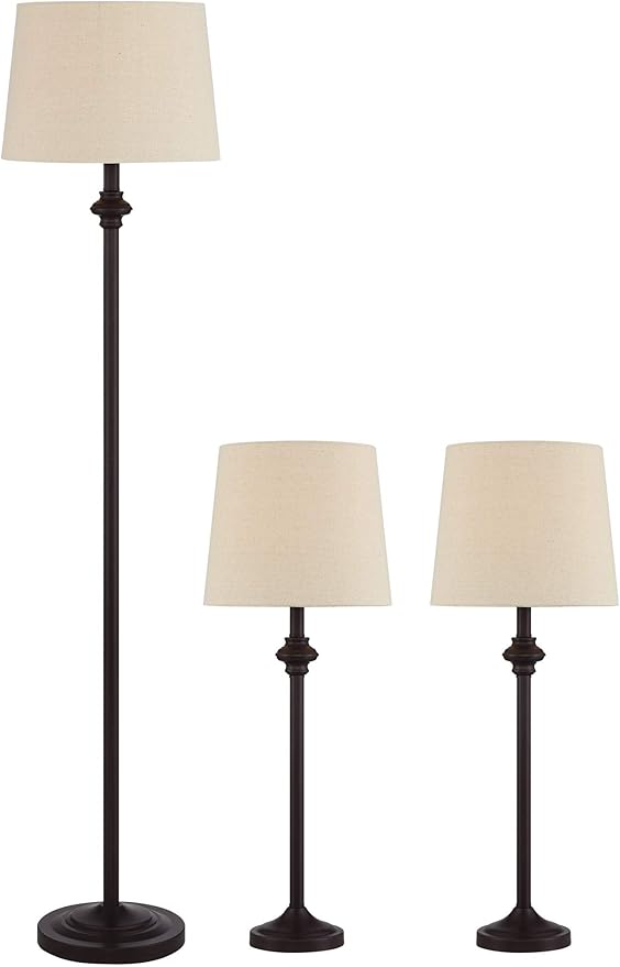 360 Lighting Carter Traditional Table 3 Piece Floor and Table Lamp Set Bronze Metal Oatmeal Drum Shade Decor for Living Room Bedroom House Bedside Nightstand Home Office Reading Family