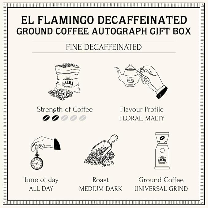 Bacha Coffee | El Flamingo Single Origin Decaffeinated Coffee, Autograph Collection, 100% Arabica Specialty Coffee, Ground Beans, Medium Dark Roast, 250g