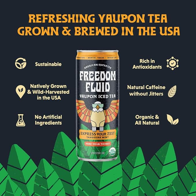 Freedom Fluid Organic Yaupon Iced Tea – Tangerine Mint | Herbal Tea Drink | Lightly Sweetened, Low Sugar, Low Calories, Real Brewed Tea, Clean Ingredients, Antioxidant Rich, Natural Caffeine, 12 Pack (12 oz cans)