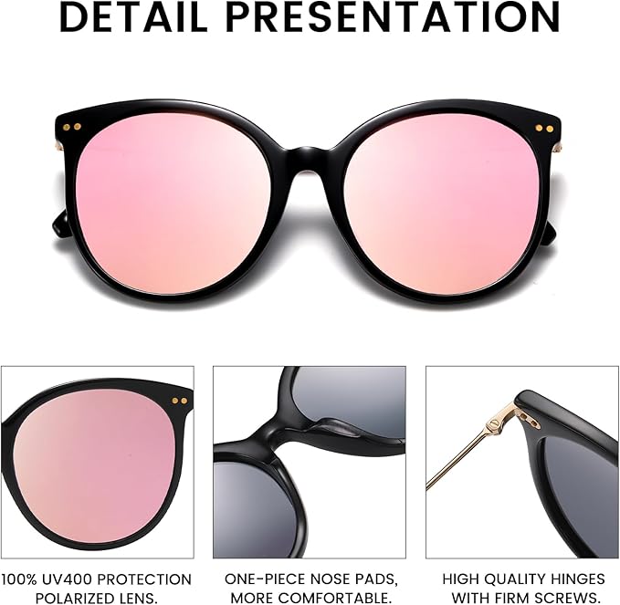 DUCO Oversized Polarized Sunglasses Womens Trendy Mirrored Shades Retro Round Vintage Light Weight UV400 Sun Glasses W016