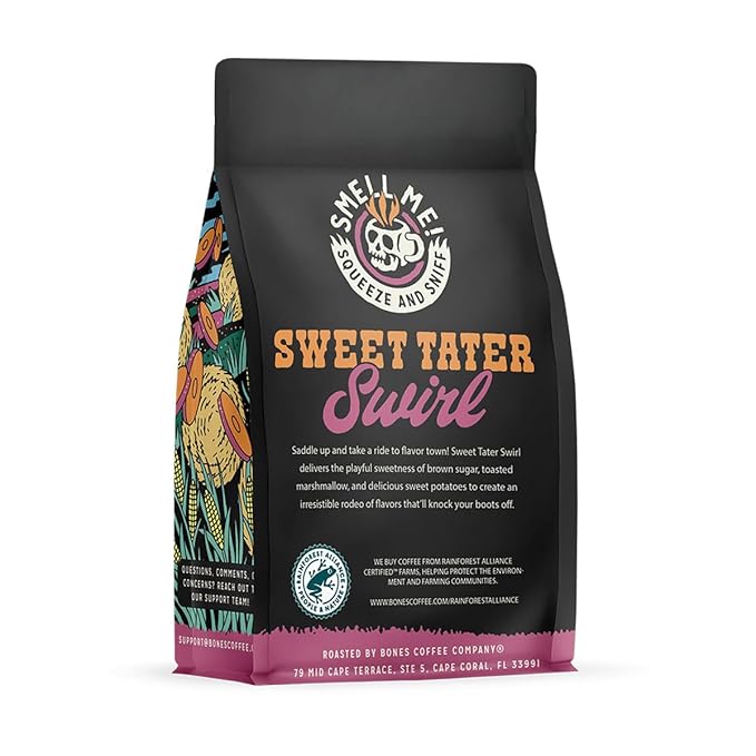 Bones Coffee Company Sweet Tater Swirl, Cinnamon Sweet Potato Flavored Coffee, Medium Roast Low Acid Arabica Beans Compatible with Auto drip and French Press Coffee Maker, 12 Oz Ground