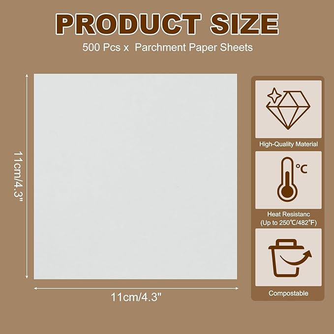 uxcell 500 Pcs Unbleached Parchment Paper Baking Sheets Squares, 4.3 Inch Hamburger Patty Paper, Non Stick Parchment Pulp Paper for Baking Grilling or Meat Storage, White