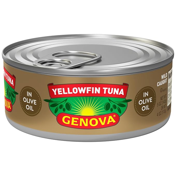 Genova Premium Yellowfin Tuna in Olive Oil, 4 - 5 Ounce Cans (Pack of 6), Wild Caught Canned Tuna, Solid Light