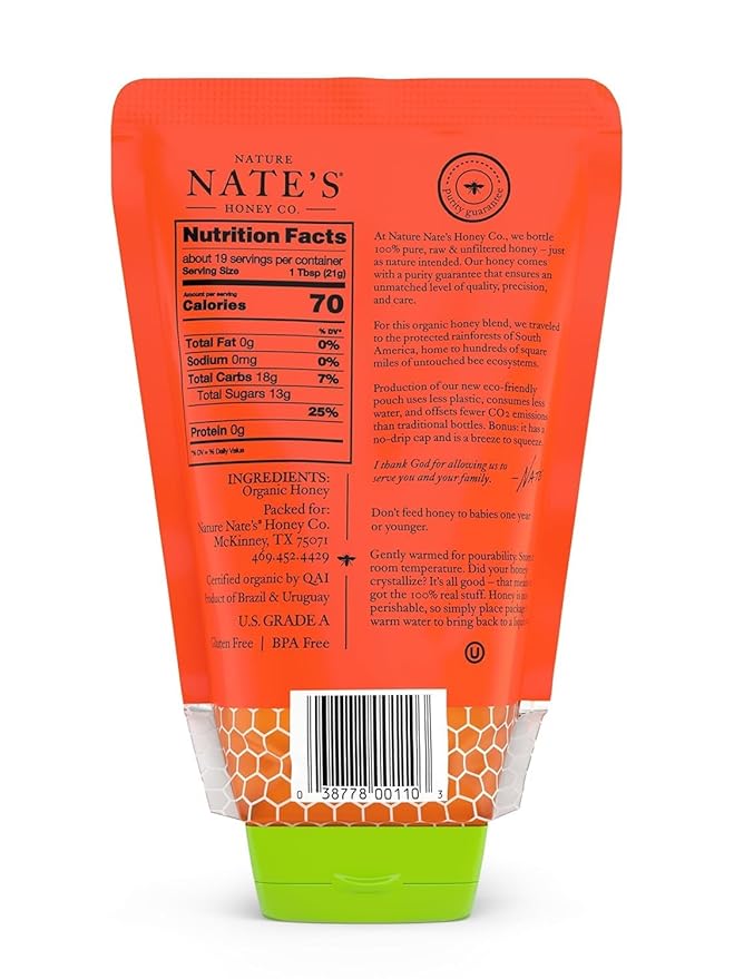 Nature Nate's 100% Pure USDA Organic Raw & Unfiltered Honey, Two 14 oz. No-Drip Sustainable Squeeze Pouches; Purity Guarantee, No Additives