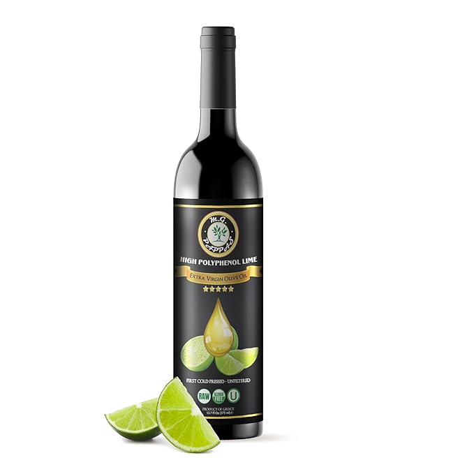 M.G. PAPPAS High Polyphenol Rich Lime Infused Olive Oil Extra Virgin - Over 500mg/kg - Unfiltered Cold Pressed Greek EVOO - Award Winning - Cooking Lime Oil ??12.7 Oz 375ml