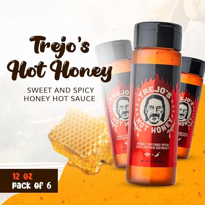 Trejo's Tacos Hot Honey | Sweet and Spicy Honey Hot Sauce | Infused with Chili Pepper Extract | Great for Topping or Dipping Sauce for Oatmeal, Ice-Cream, Fried Chicken & Bbq - Pure and Gluten Free | Authentic Creation by Trejo's Tacos - Pack of 6