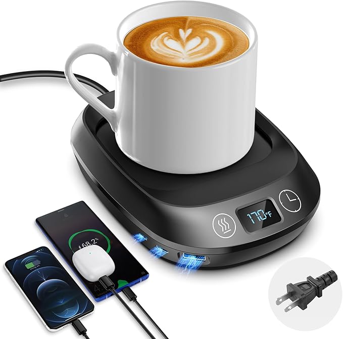 Coffee Mug Warmer,70W Coffee Warmer with 3 Charging Ports, Gravity Switch, with 3 Temperature Settings/Auto Shut-Off Function, Electric Beverage Warmer for Keep Coffee|Tea Hot