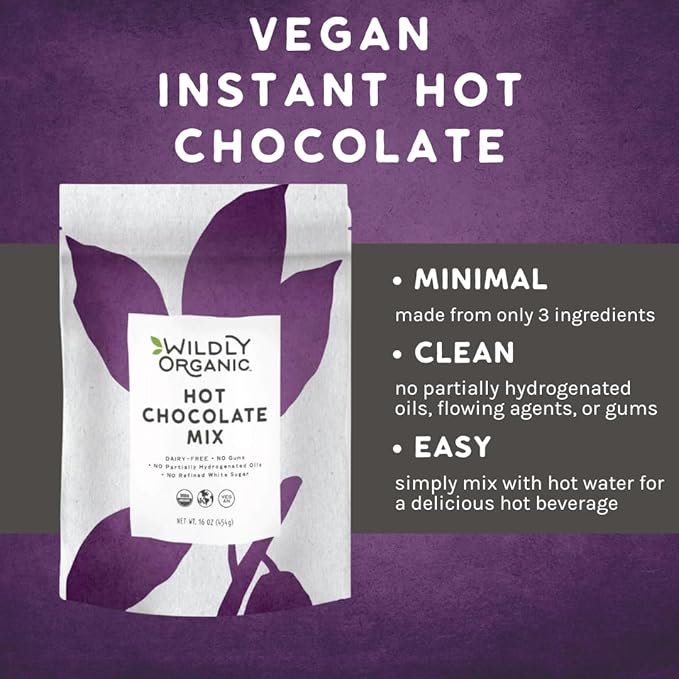 Wildly Organic Hot Chocolate Mix - 16 Oz, 1 lb Bag - Organic, Vegan, Raw Cacao, Fair Trade, Dairy-Free, Gluten-Free - 3 Ingredients: Cacao, Coconut Sugar, Coconut Milk Powder