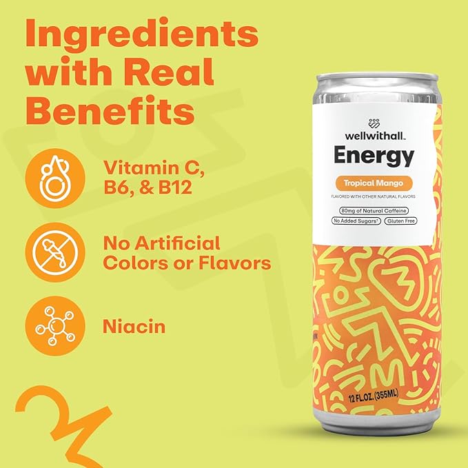WellWithAll Tropical Mango Energy Drink ??Caffeine from Tea ??With Vitamin C ??Lightly Sparkling Beverage ??Fruit & Veggie Juice Blend ??12 Oz (Pack of 12)