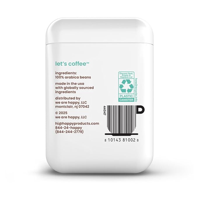 happy coffee light roast ground coffee, 12 oz., notes of cashew & elation, recyclable container, grown & harvested in Colombia, Brazil & Guatemala