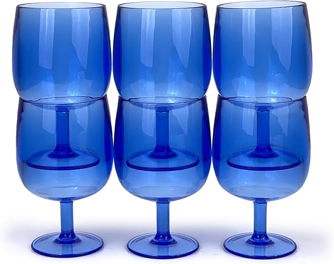 Yalin Set of 6 Unbreakable 12 oz Acrylic Plastic Wine and Water Tumbler Stackable Goblets. (Blue, 12 oz)