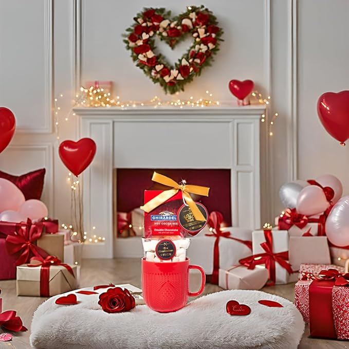 Hot Chocolate Gift Set Made with Ghirardelli, Includes 1 Single-Serve Packet of Ghirardelli Double Chocolate Hot Cocoa Mix, 1 Pack of Mini Marshmallows, and Ceramic Mug, Gourmet Hot Cocoa Gift Set, Valentine's Day