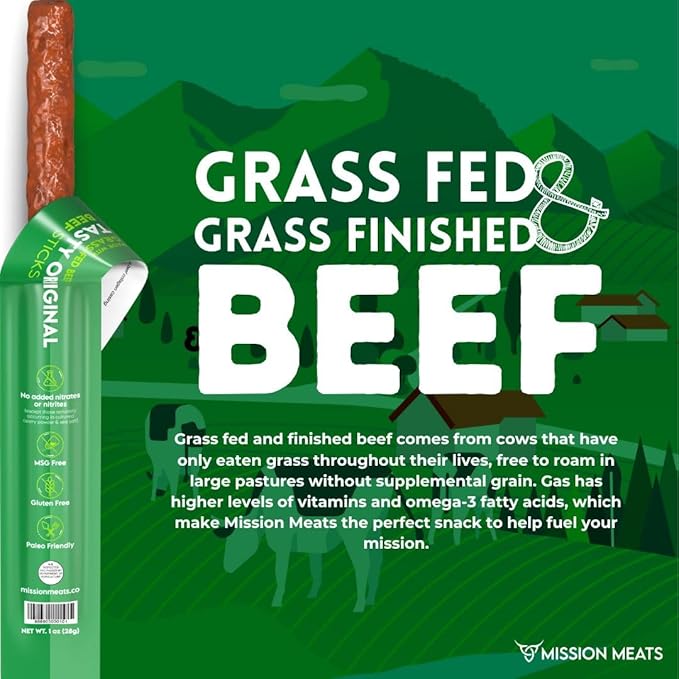 Mission Meats Beef Sticks – 100% Grass Fed & Pasture Raised, Zero Sugar, Gluten Free, Individually Wrapped Healthy Snacks, Whole 30 & Paleo Friendly, Original 1oz (Pack of 24)