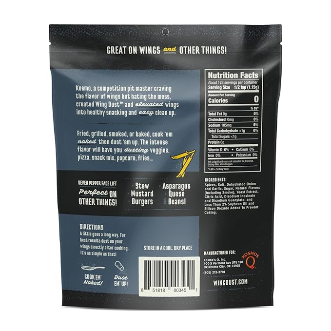 Kosmos Q Seven Pepper Face Lift Spicy Hot Wing Dust, Spicy Chicken Wing Seasoning for Chicken, Fries, Burgers, Queso, Beans & More, Flavorful Heat with 7-Pepper Blend Dry Rub Seasoning Dust, 5 Oz