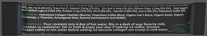 Destress Boost Organic mushroom Instant Coffee - 10 x 9g Packets - Healthy Coffee alternative and Substitute - With Gaba, Collagen, Lions Mane and Antioxidant