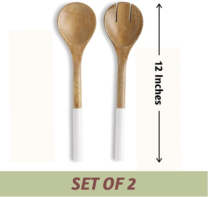 Folkulture Salad Servers or Salad Tongs, Wooden Utensils for Serving Salad, 12-inch Spoon and Fork Set, Mango Wood, White