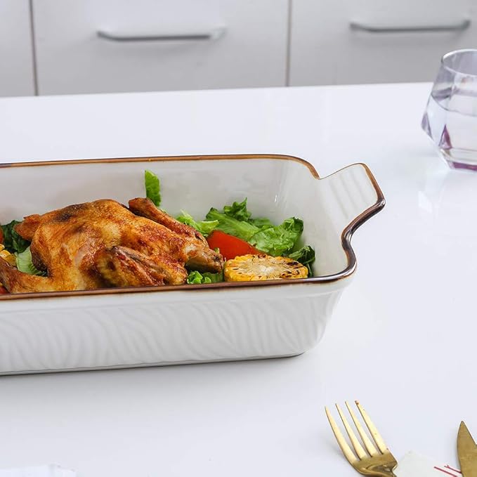KOOV Bakeware Set, Ceramic Baking Dish Set, Rectangular Casserole Dish Set, Lasagna Pans for Cooking, Cake Dinner, Kitchen, 9 x 13 Inches, Texture Series 3-Piece (White)