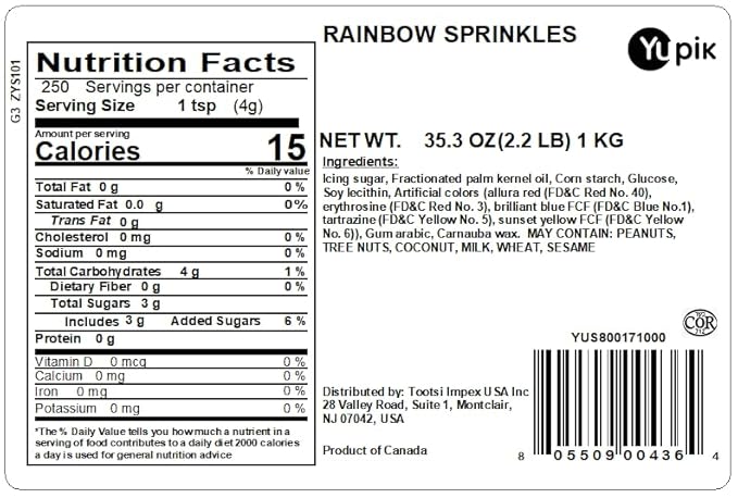 Yupik Rainbow Sprinkles, 2.2 lb (35.2 oz), Low Sugar, Cholesterol-Free, Sodium-Free, Kosher, Ideal for Baking, and Decorating Ice Cream, Cakes, Cookies, Cupcakes, and Donuts